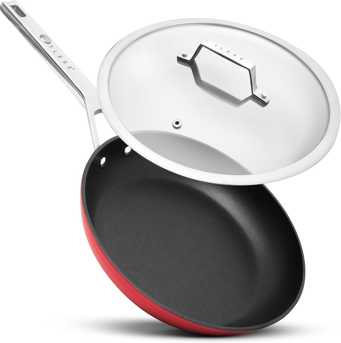 SnelShoppen - TLESS® Pan met deksel ovenbestendig Ø 28 cm | Kookpan & universele pan voor inductie | Zeer sterk & vaatwasmachinebestendig | Rode gecoa