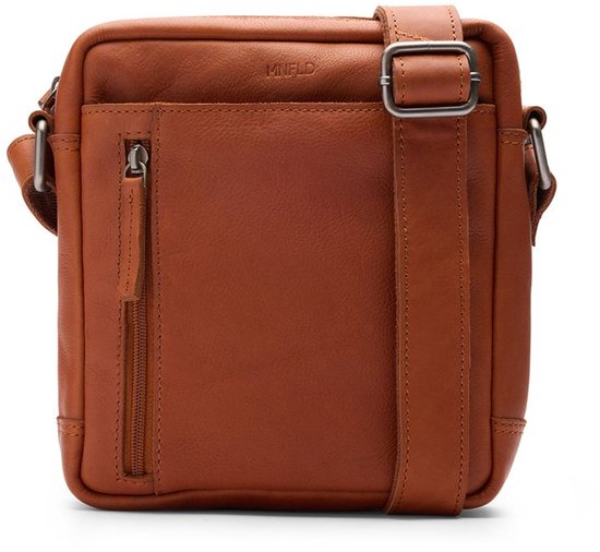 Manfield Cognac Leren Unisex Schoudertas Met Ritssluiting - Maat Onesize