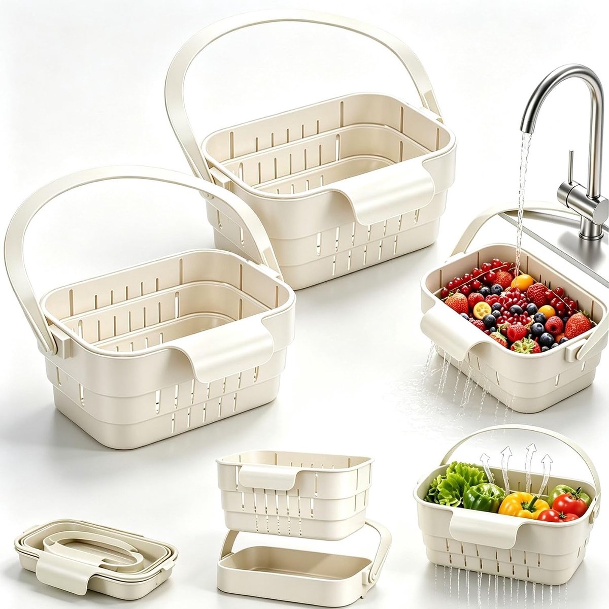 Gootsteen organizer - Afdruipmandje - Gootsteen zeef - Vergiet - Set van 3 - Opvouwbaar - Uittrekbaar - Zonder boren - Voor keuken en aanrecht - 15*11*16cm - Gebroken wit