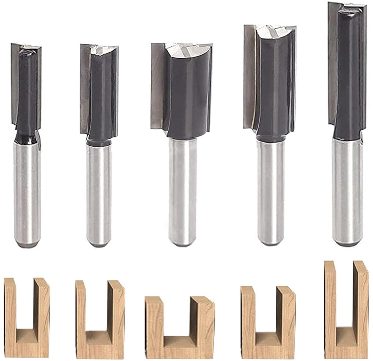 SnelShoppen - 8 mm Shank Groef Cutter Set van 5 - Houtbewerkingsbits van Tungsten Staal - Dubbele Groeven, Duurzaam en Snijdend voor Houtbewerking