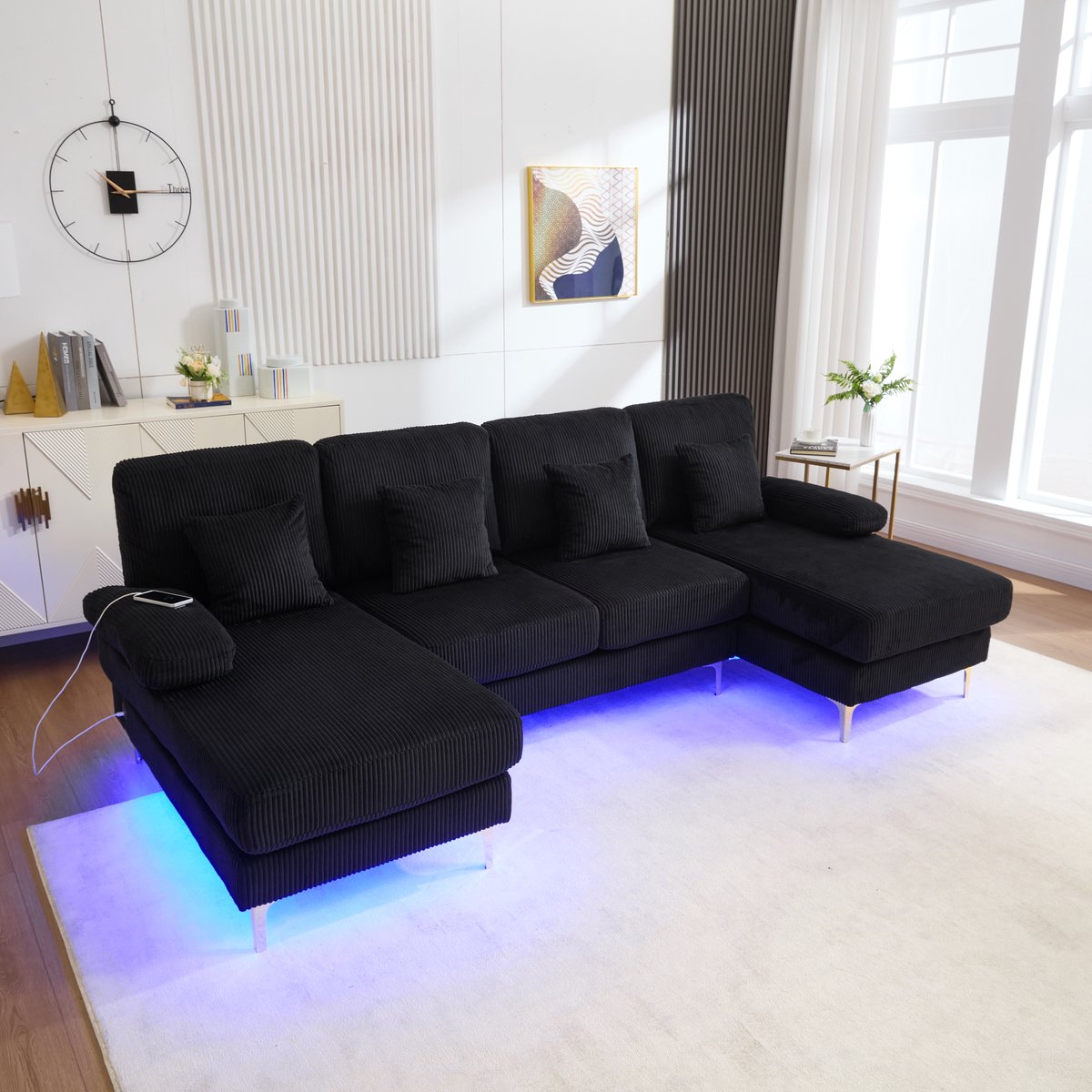 U Bank 4 Zits - Fluwelen Hoekbank met LED Verlichting en USB-C Oplaadpoort - Luxe Lounge Sofa met Stevig Houten Frame en Sierkussens - Velvet Bank Zwart 265 cm
