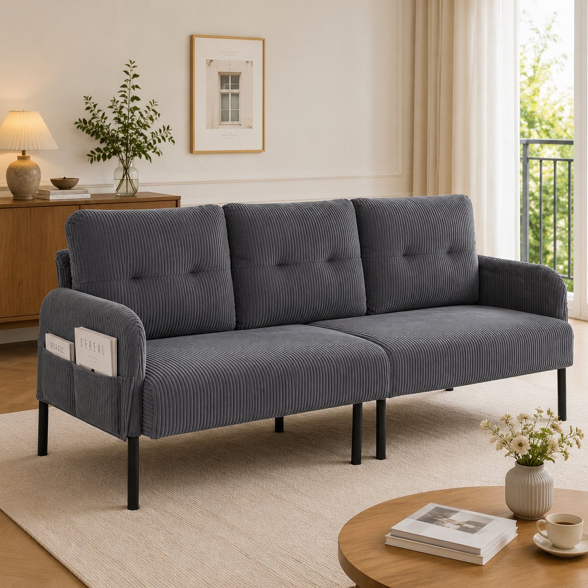 Corduroy Bank 3 Personen - Comfortabele Sofa - Met Opbergvakken En Metalen Poten