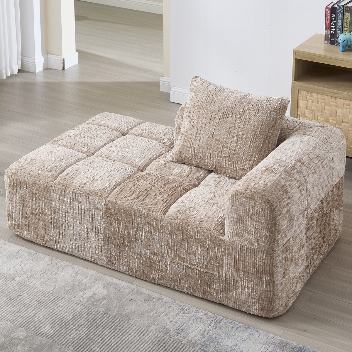 Lounge Stoel Met Chaise Longue - Zachte Chenille Fauteuil Met Zijvak En Kussen, Beige