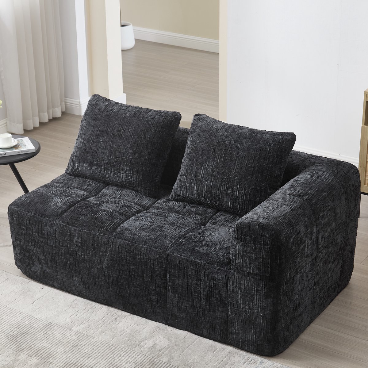 Moderne 2 Persoonsbank - Chenille Sofa Met Zachte Kussens - Comfortabele Bank Zwart
