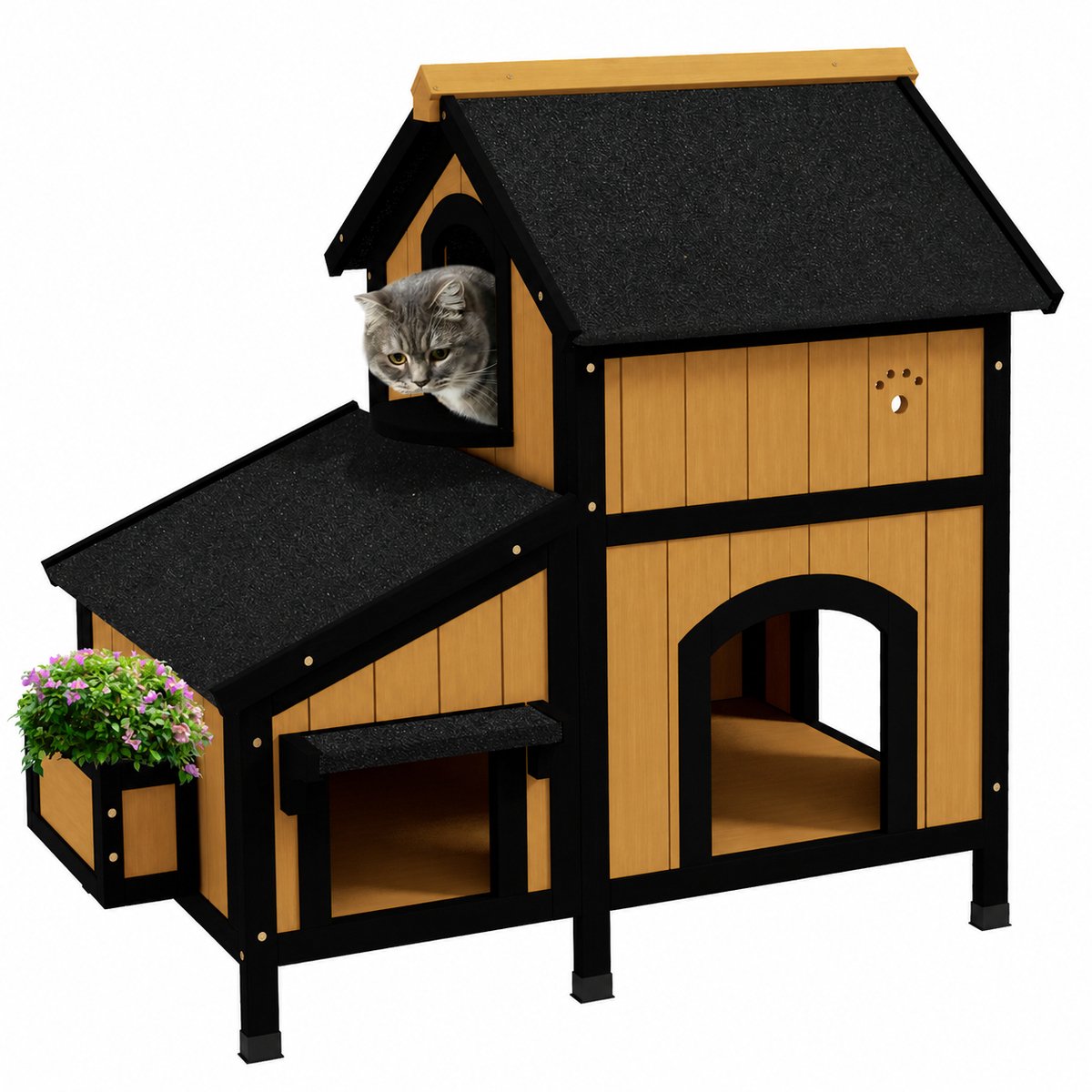 Kattenhuis - Voor buiten - Hok - Kooi - Bench - Ren - 2 verdieping - duurzaam - Geel, zwart