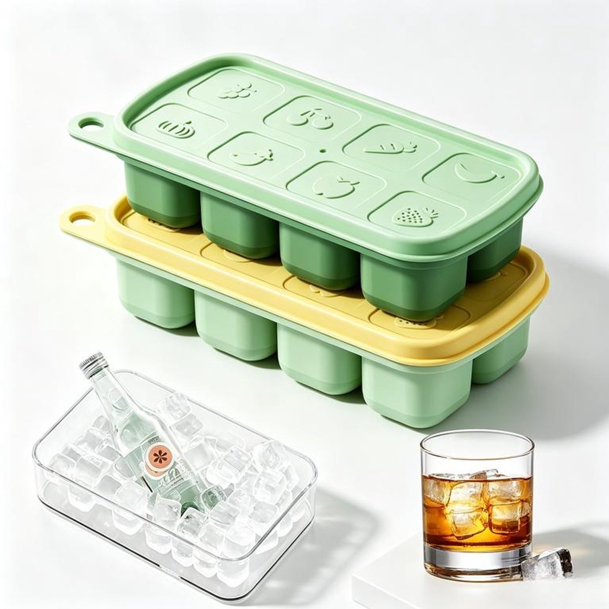 KZQ siliconen ijsblokjesvormen - 2 schattige siliconen ijsblokjesvormen - Met deksel - BPA-vrij, gemakkelijk te ontvormen - Perfect voor whisky, cocktails, babyvoeding en feestjes - Geelgroen en donkergroen - 15 x 4 x 7 cm