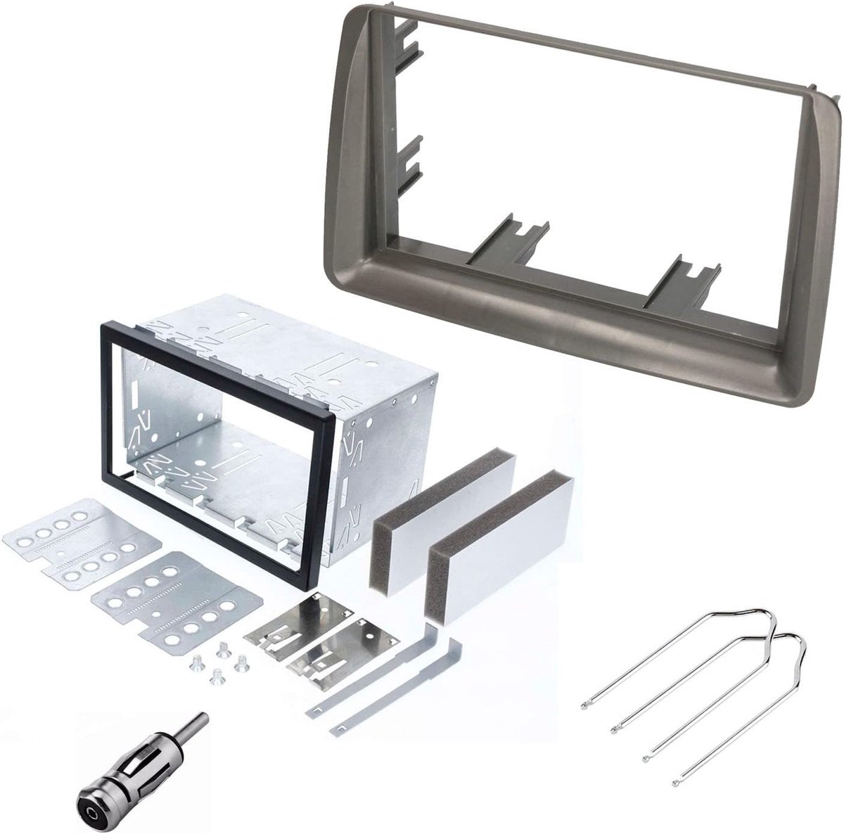 SnelShoppen - Audioproject A408-20 Auto Radio Paneel 2 DIN Set Geschikt voor FIAT Panda (169) 2003-2012 Montageframe Antenne Adapter Release Tool Grij