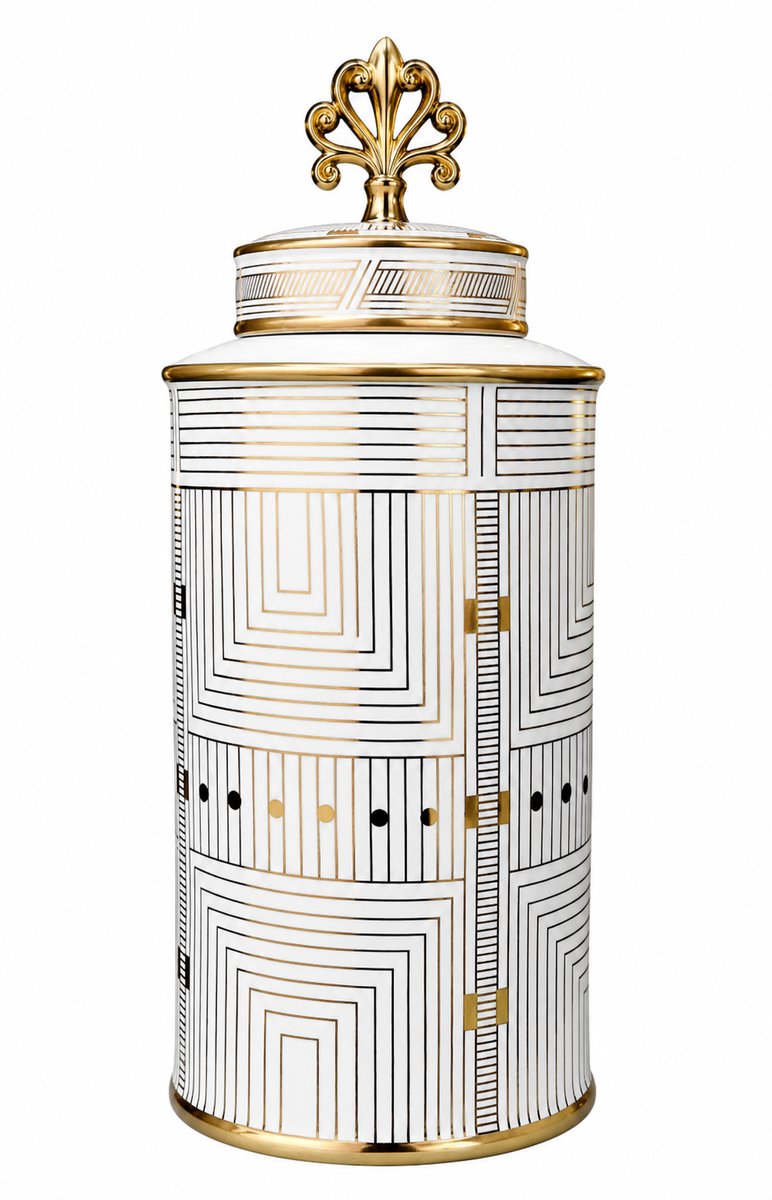 Fine Asianliving Chinese Gemberpot Porselein Wit Goud Geometrisch Handgemaakt D16xH37cm Wit, Goud