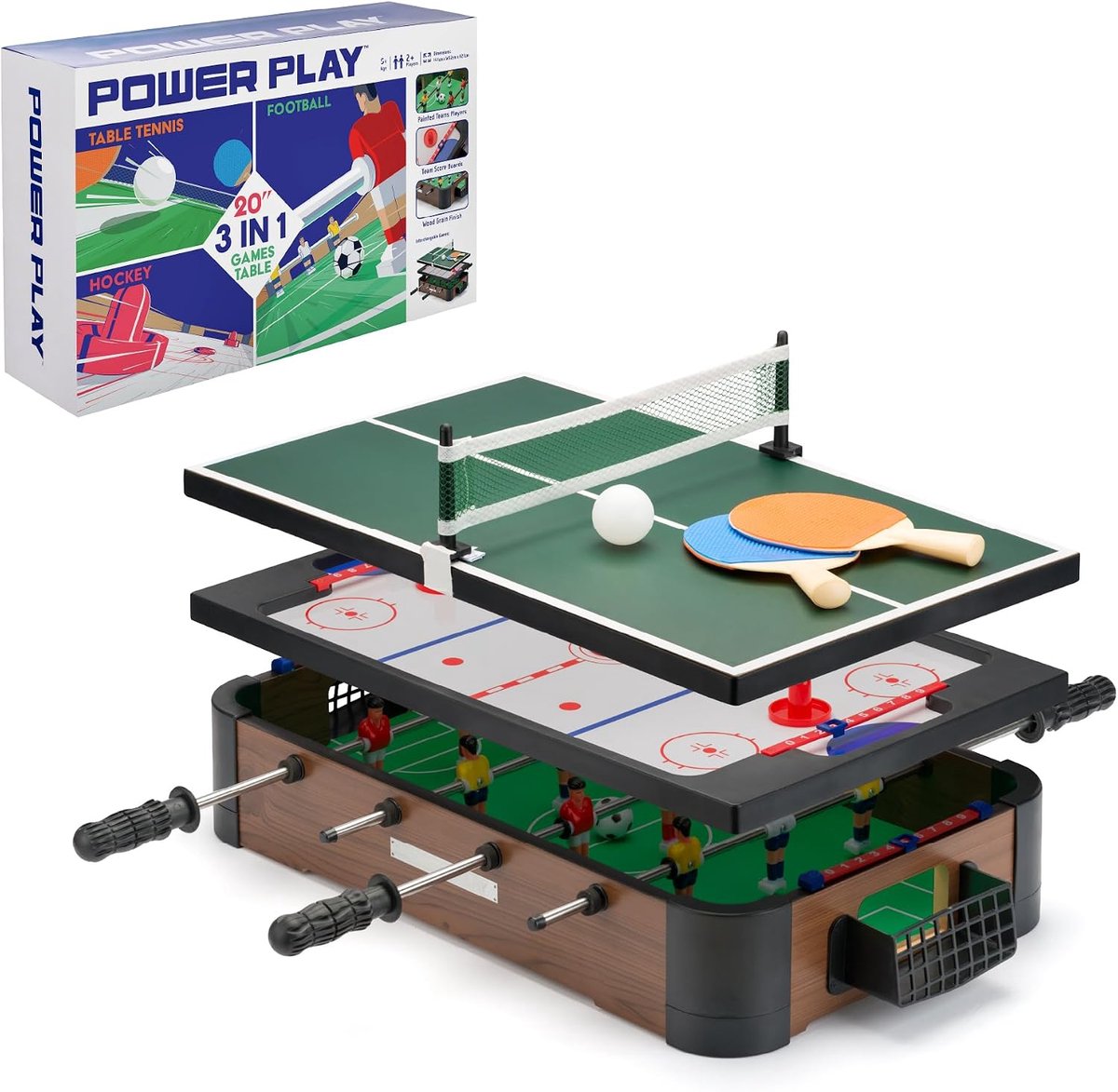 SnelShoppen - 3-in-1 Tafelspellen Set - Mini Voetbal, Airhockey en Tafeltennis - Duurzaam en Makkelijk In Te Stellen - Perfect voor Feesten en Gezinne