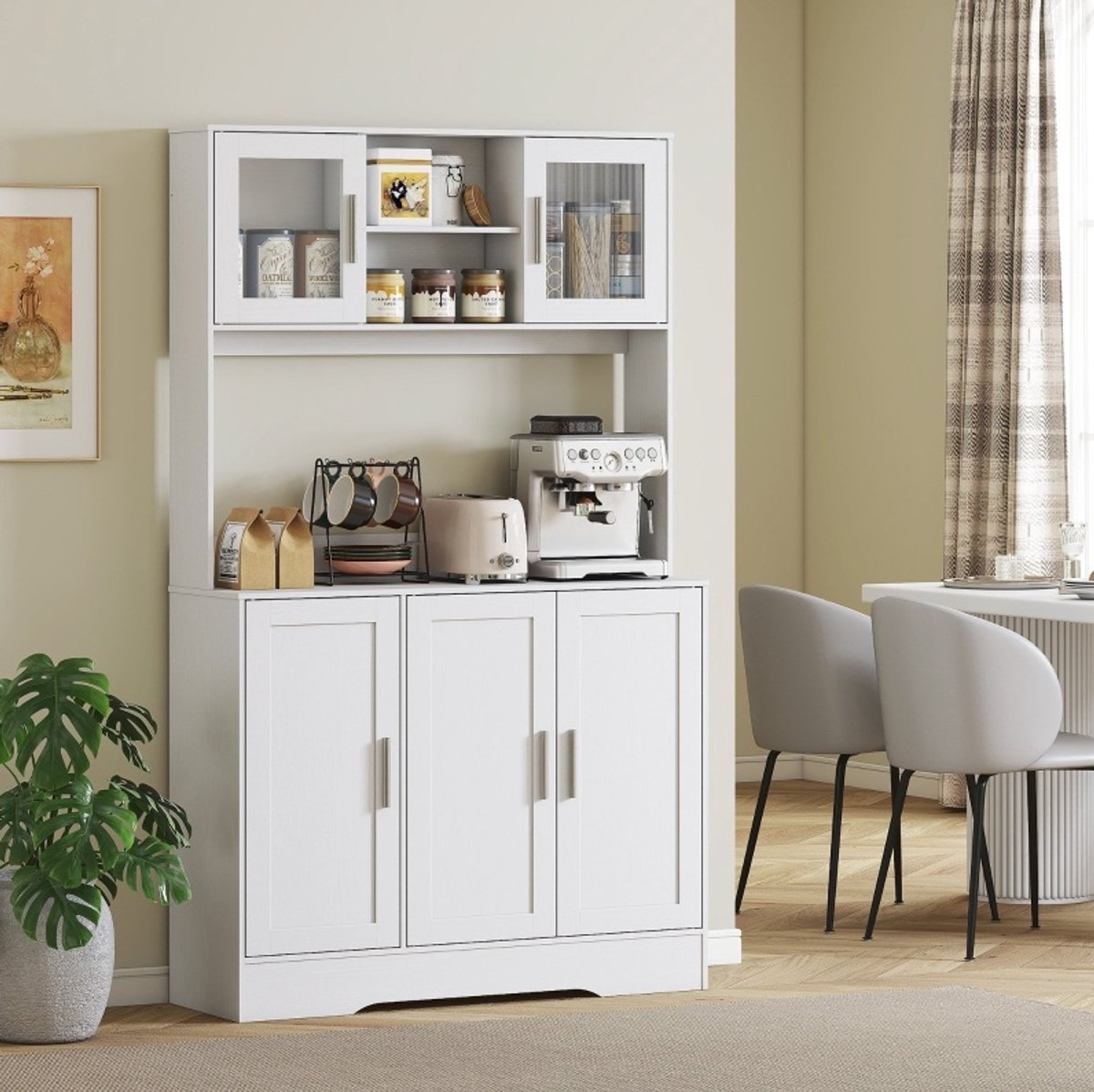 COVREO Keukenkast 108x35x180 cm wit, hout met 4 kasten en open vakken