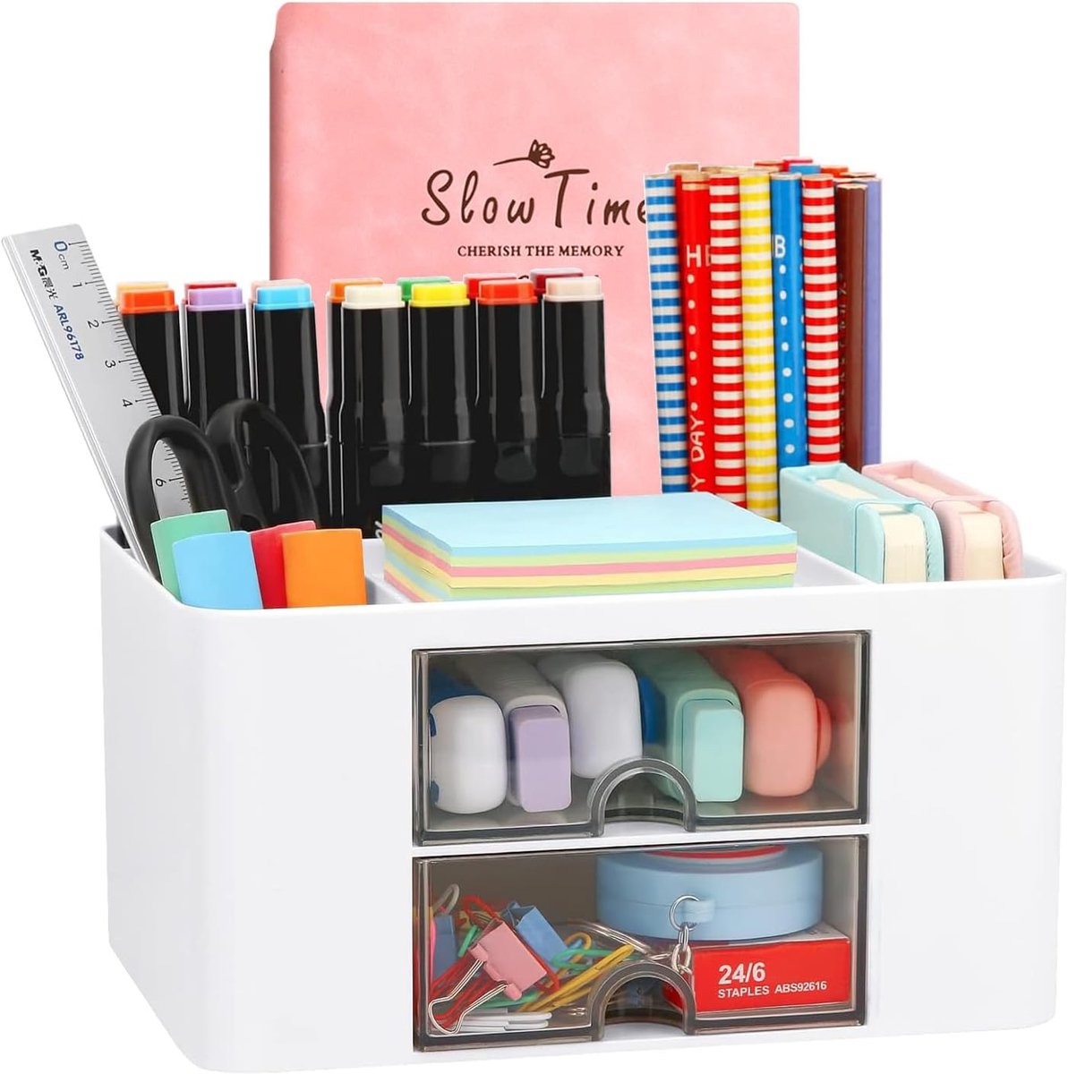 SnelShoppen - Creatieve en Eenvoudige Bureau Organizer, 7 Vakken, Plastic Bureau Organizer met Lade, Multifunctionele Pennenhouder voor School, Kantoo