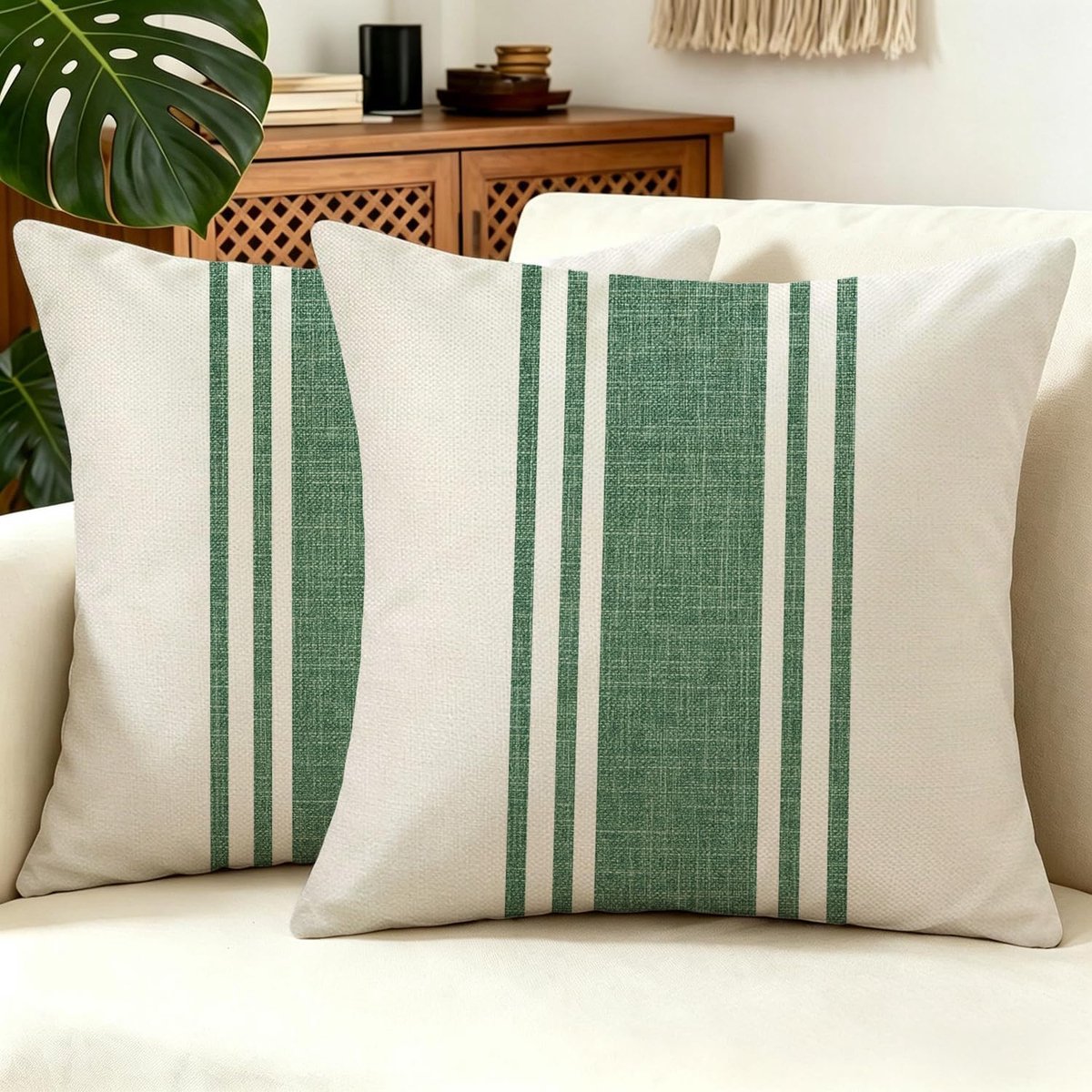 SnelShoppen - 2 Stuks Boho Kussenhoezen 45x45 cm Saliegroen Beige Gestreepte Linnen Textuur Decoratieve Kussenslopen voor Bank Sofa Woonkamer Slaapkam