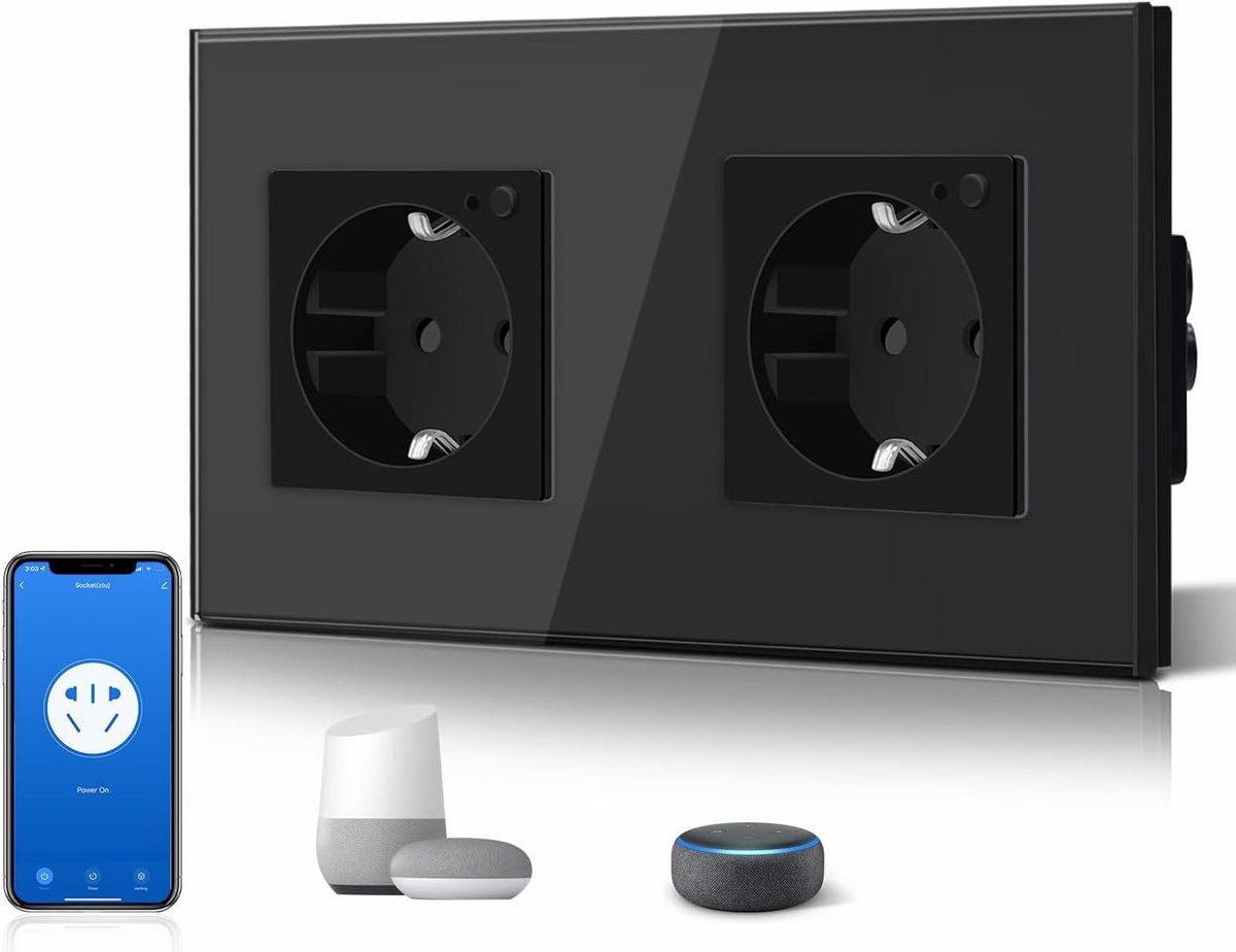 SnelShoppen - Slimme Schuko WiFi Stekker 16A Zwart - Dubbele Socket met App Besturing en Alexa Ondersteuning - Veiligheid, DIY Installatie, Voor Thuis