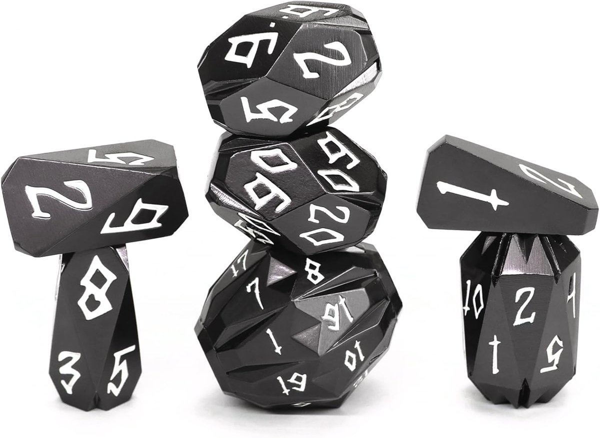 SnelShoppen - DND Dobbelstenen Set van 7 Stuks - Polyhedrale Metalen Dobbelstenen - Zwarte D&D Dobbelstenen met Opbergdoos - Rollenspel Dobbelstenen v