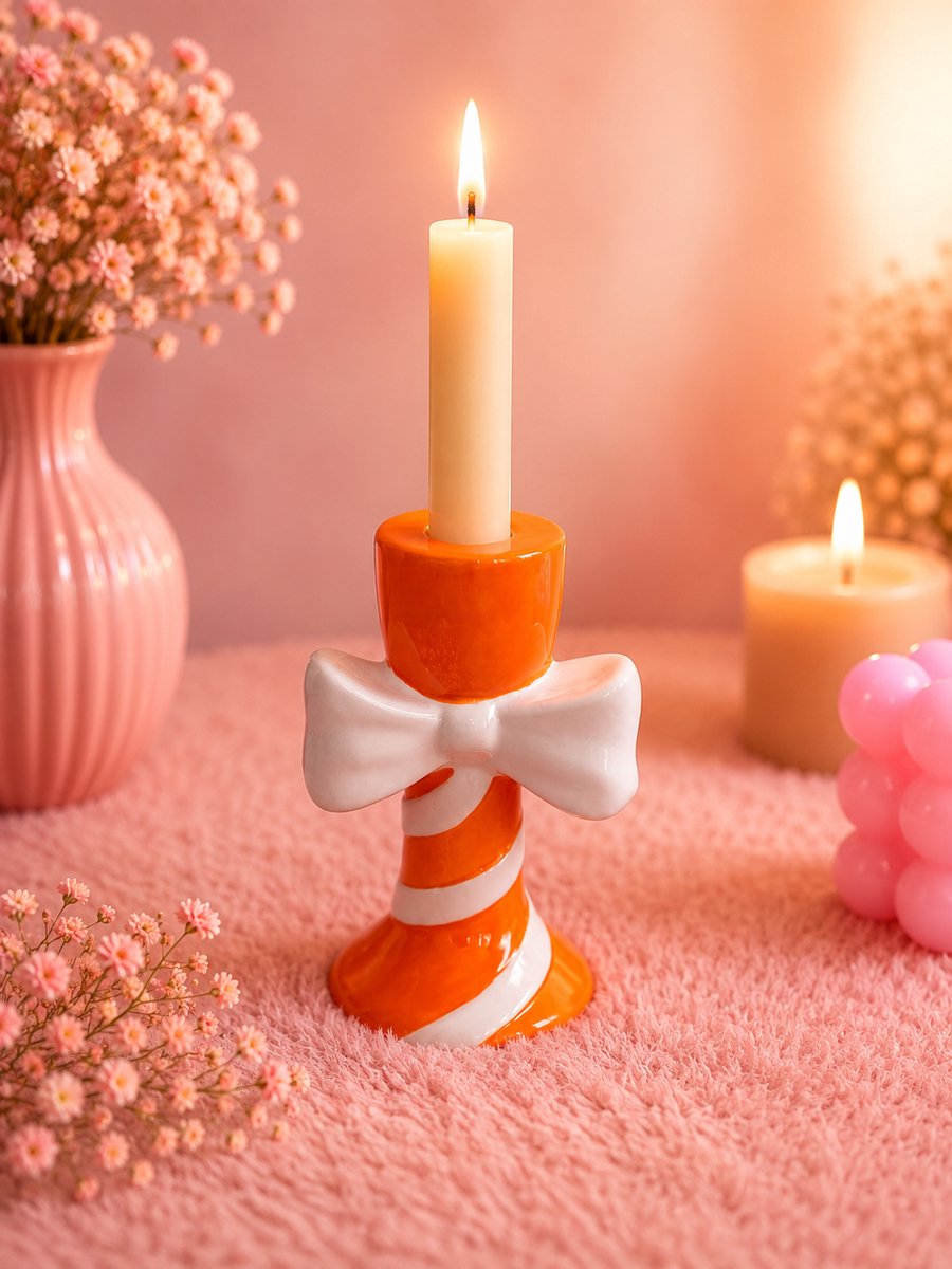 Bow Bliss Kaarshouder | Viva Femme | Kaarsen | Kandelaar | Dinerkaars | Strik | Decoratie | Cadeau | Wonen | Vrolijk | Lief | Oranje / Wit | Moederdag