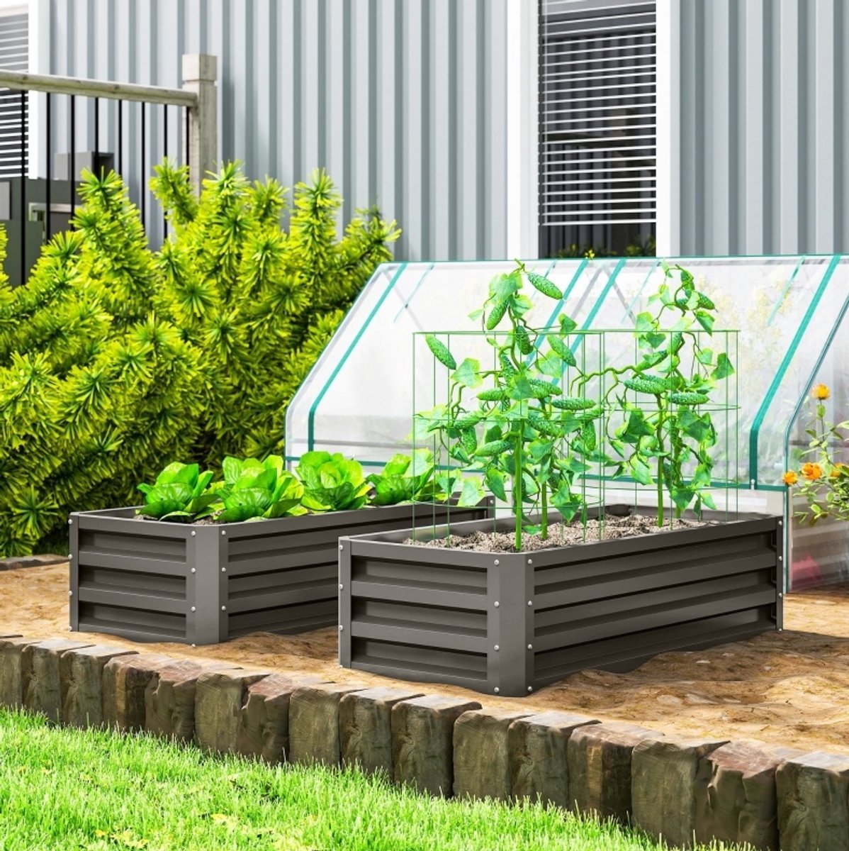 COVREO Moestuinbak 110x50x30 cm donkergrijs, staal, open bodem 2-delig