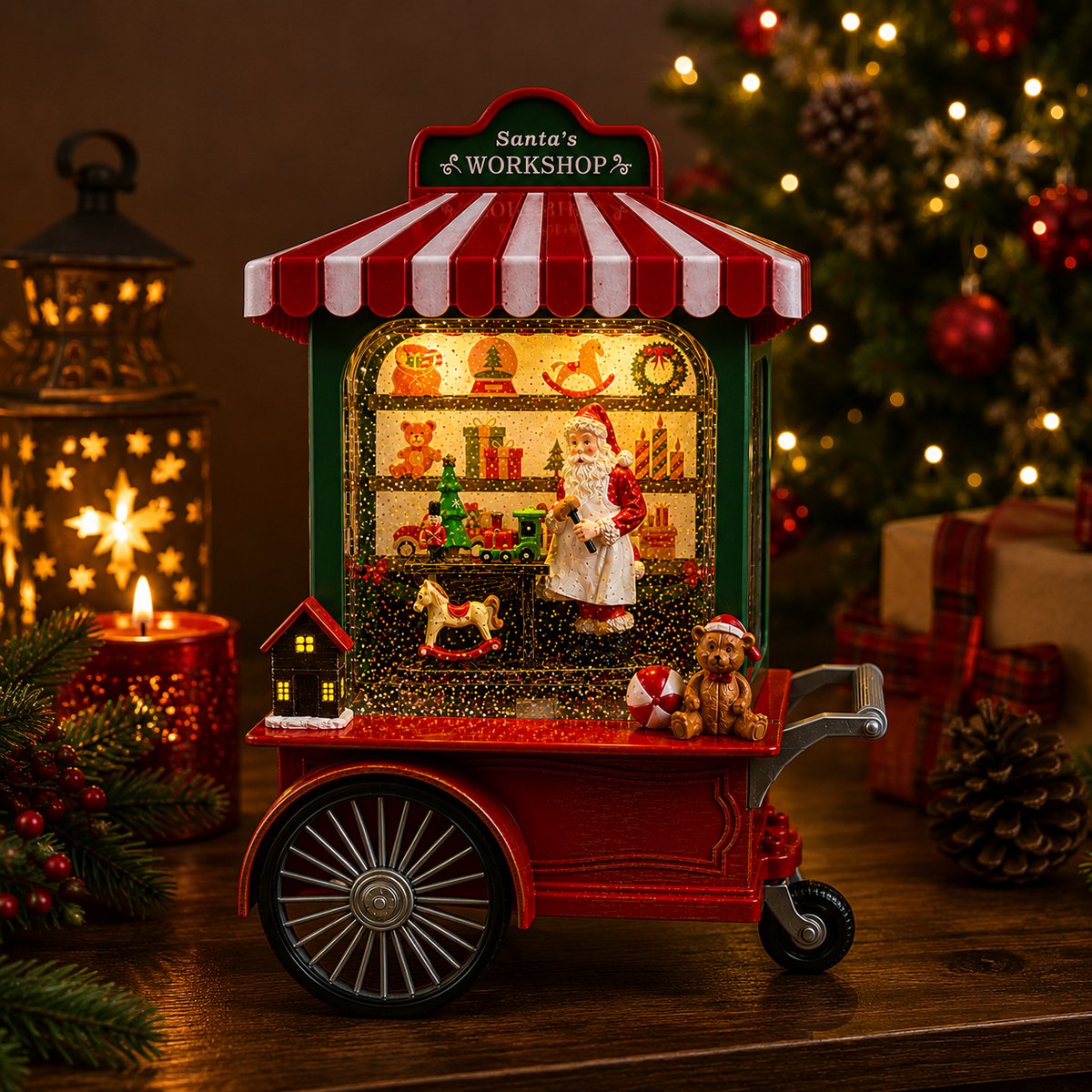 Benza – Santa's Workshop Kerstdecoratie – Verlichte Kerstwinkel met Glittereffect – 27 x 17,5 x 9,5 cm – Werkt op 3 AA Batterijen