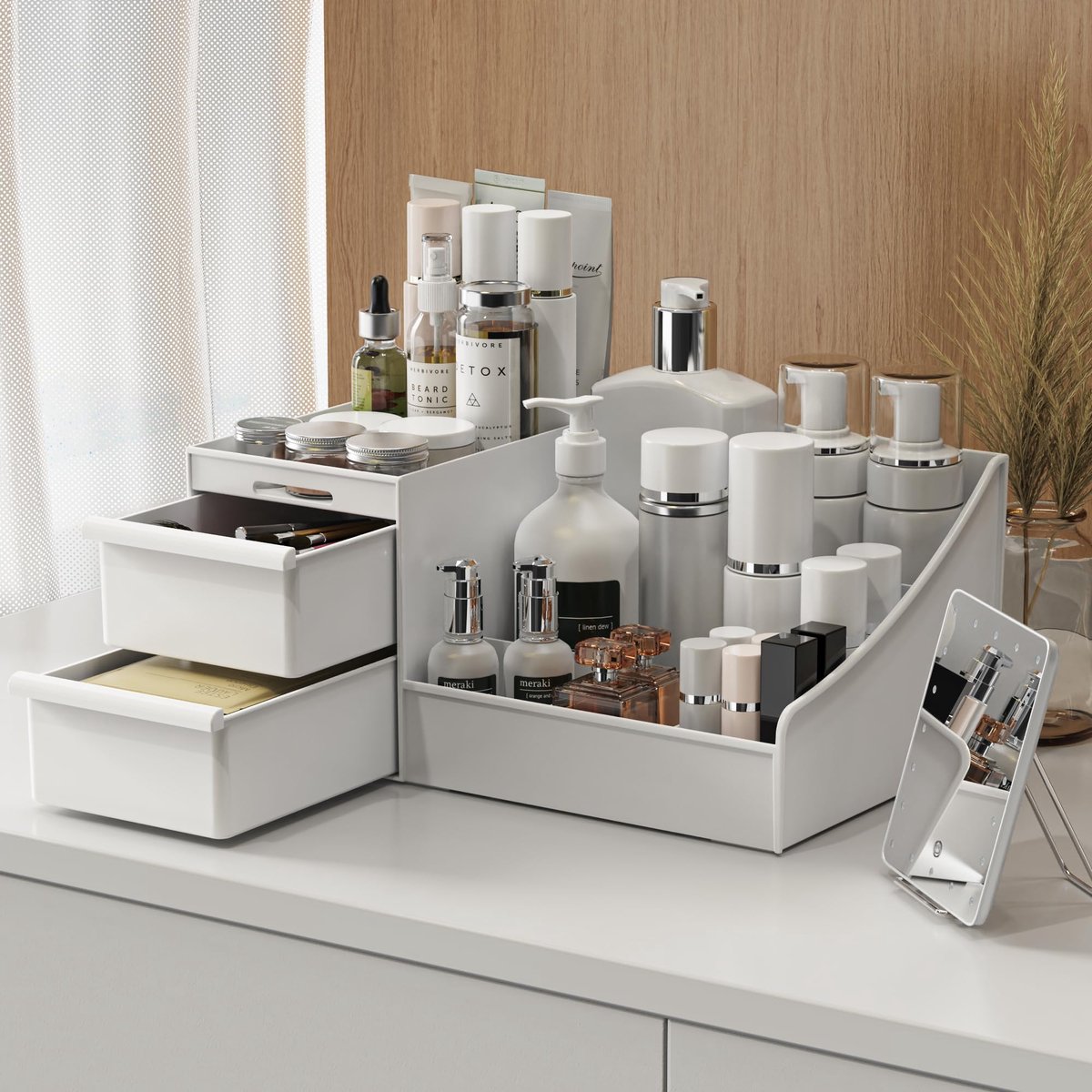 Make-up Organizer - Grote Cosmetica Opbergbox - Ruime Make-up Houder voor Lippenstift, Kwasten en Skincare Producten - Bureau Organizer voor Kaptafel en Badkamer - Beauty Opbergdoos - Wit