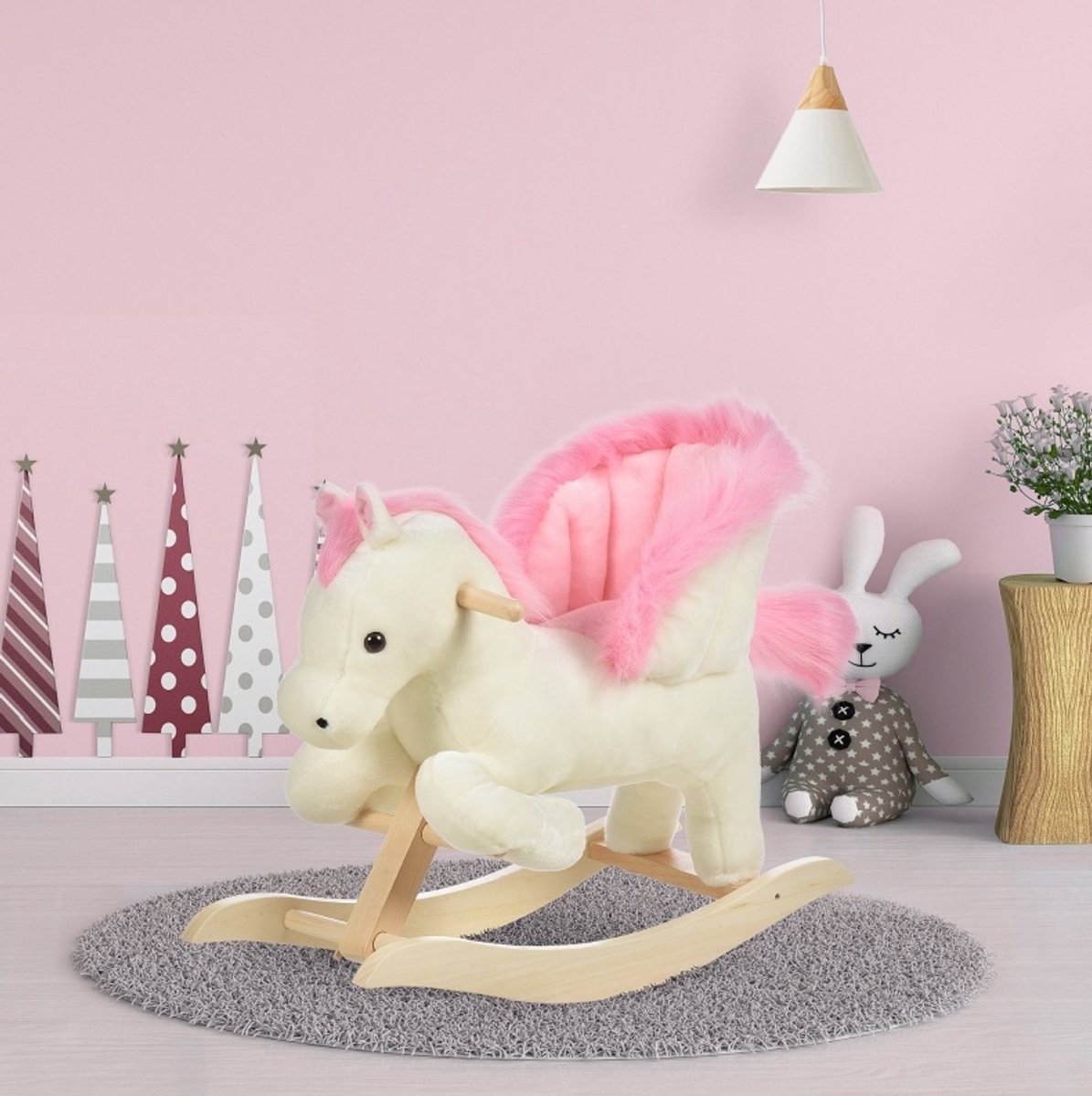 COVREO Schommelpaard 70 x 28 x 57 cm, wit roze, hout met sound effect
