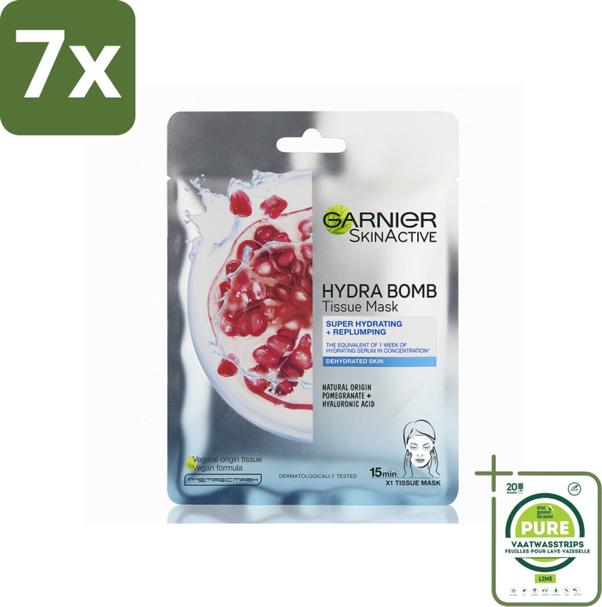 7 x Garnier - SkinActive - Hydra Bomb Sheet Mask - Granaatappel - Gezichtsmasker - 1 Gezichtsreinigingsmiddel - Grootverpakking - Gezichtsmasker - Hydraterend Masker - Granaatappel - Droge Huid - Gevoelige Huid