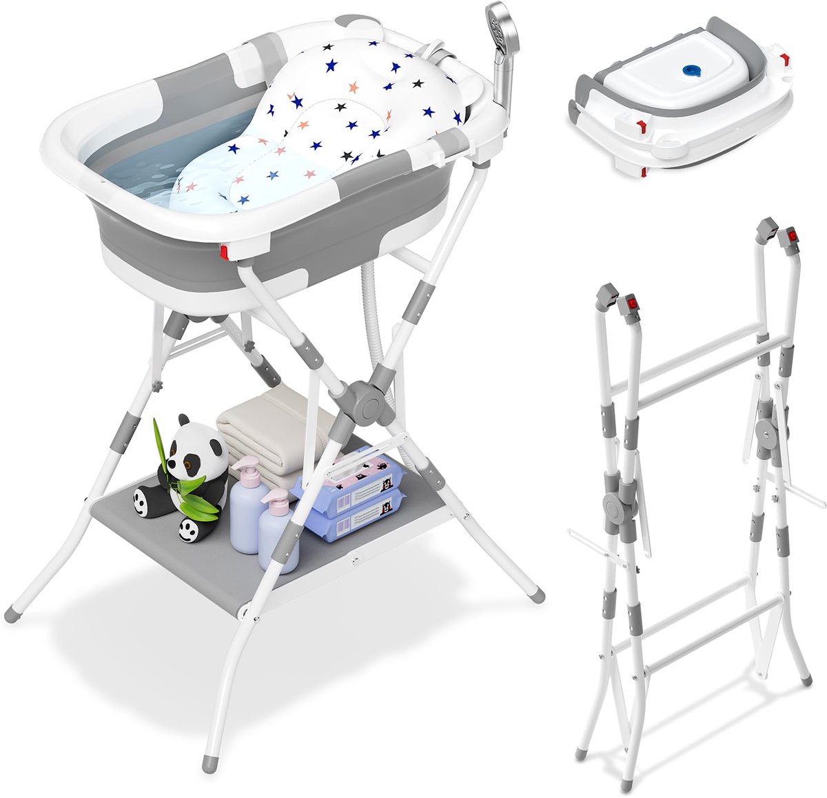 SnelShoppen - Opvouwbaar babybadje met standaard en antislip, babybadje met badmat, opbergplatform voor pasgeborenen en peuters in grijsachtig wit