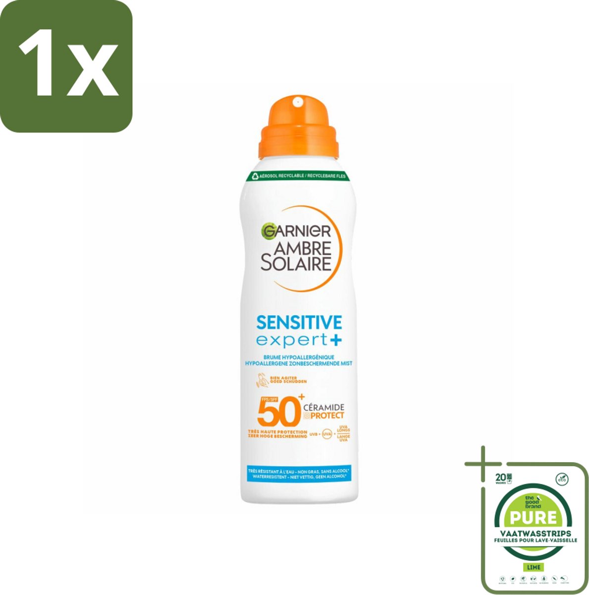1 x Garnier - Ambre Solaire - Mist Spray - Sensitive Expert+ - SPF 50+ - 150 ml - Zonnebrand - Zonnebescherming - Gevoelige Huid - SPF 50 - Mist Spray