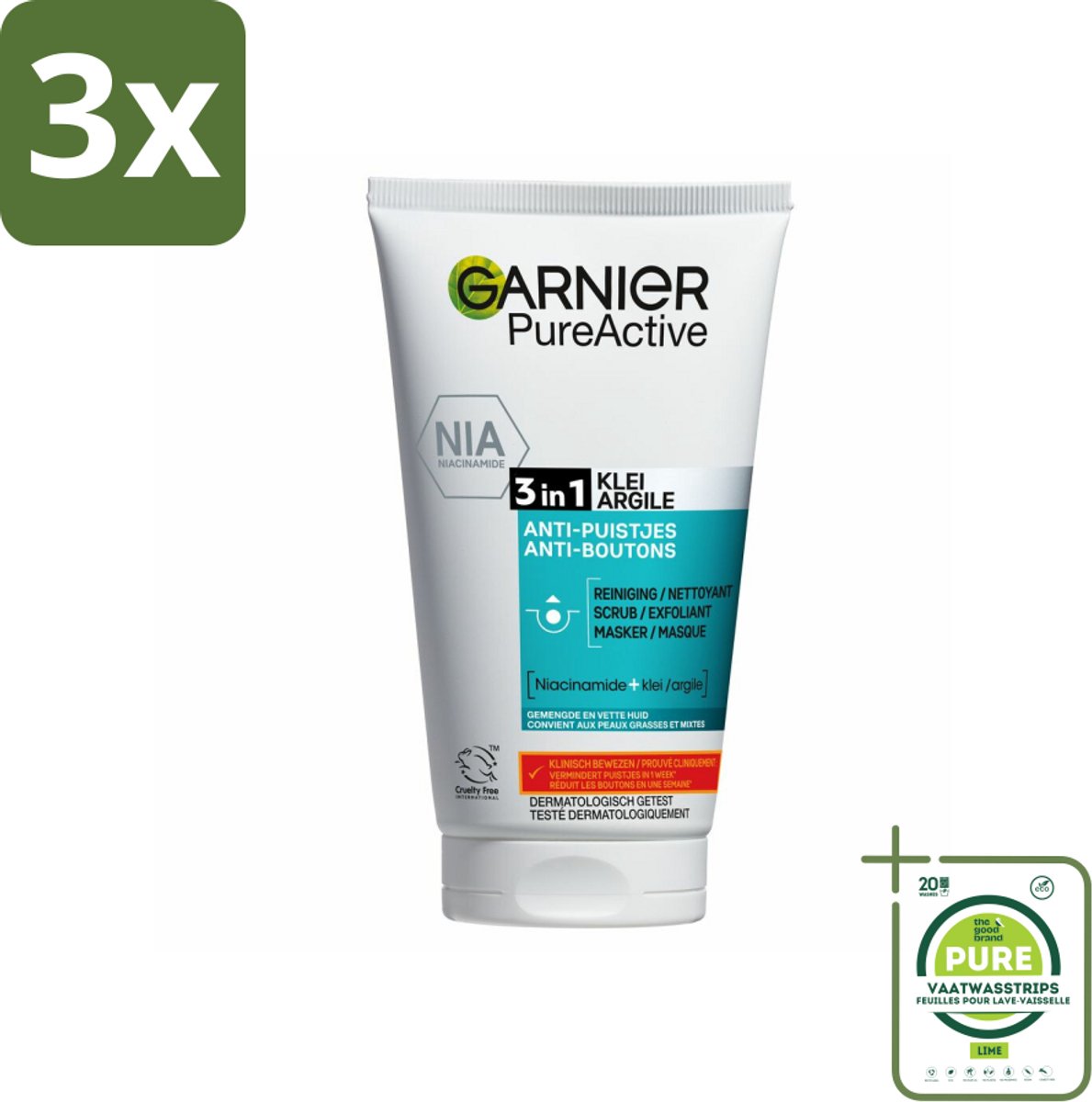 3 x Garnier - Pure Active - 3-in-1 Reiniging Scrub Masker - Tegen Puistjes & Onzuiverheden - Klei & Niacinamide - 150 ml - Grootverpakking - Reinigen - Scrub - Masker - Puistjes - Onzuiverheden