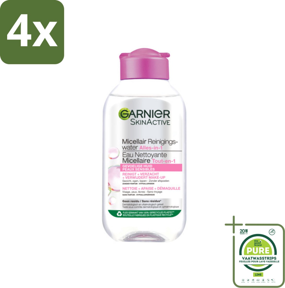 Garnier - SkinActive - Micellair Reinigingswater - Gevoelige Huid - Reisformaat - 100 ml - Voordeelverpakking - 4 stuks - Micellair water - Gezichtsreiniger