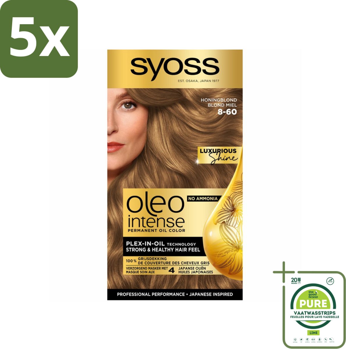 5 x SYOSS - Oleo Intense 8-60 Honing Blond - Haarverf - Zonder Ammoniak - Grijsdekking - Langdurige Kleur - Grootverpakking - Permanente Haarkleur - Haarkleur - Haarkleur Zonder Ammoniak - Haarkleuring - Olie-formule