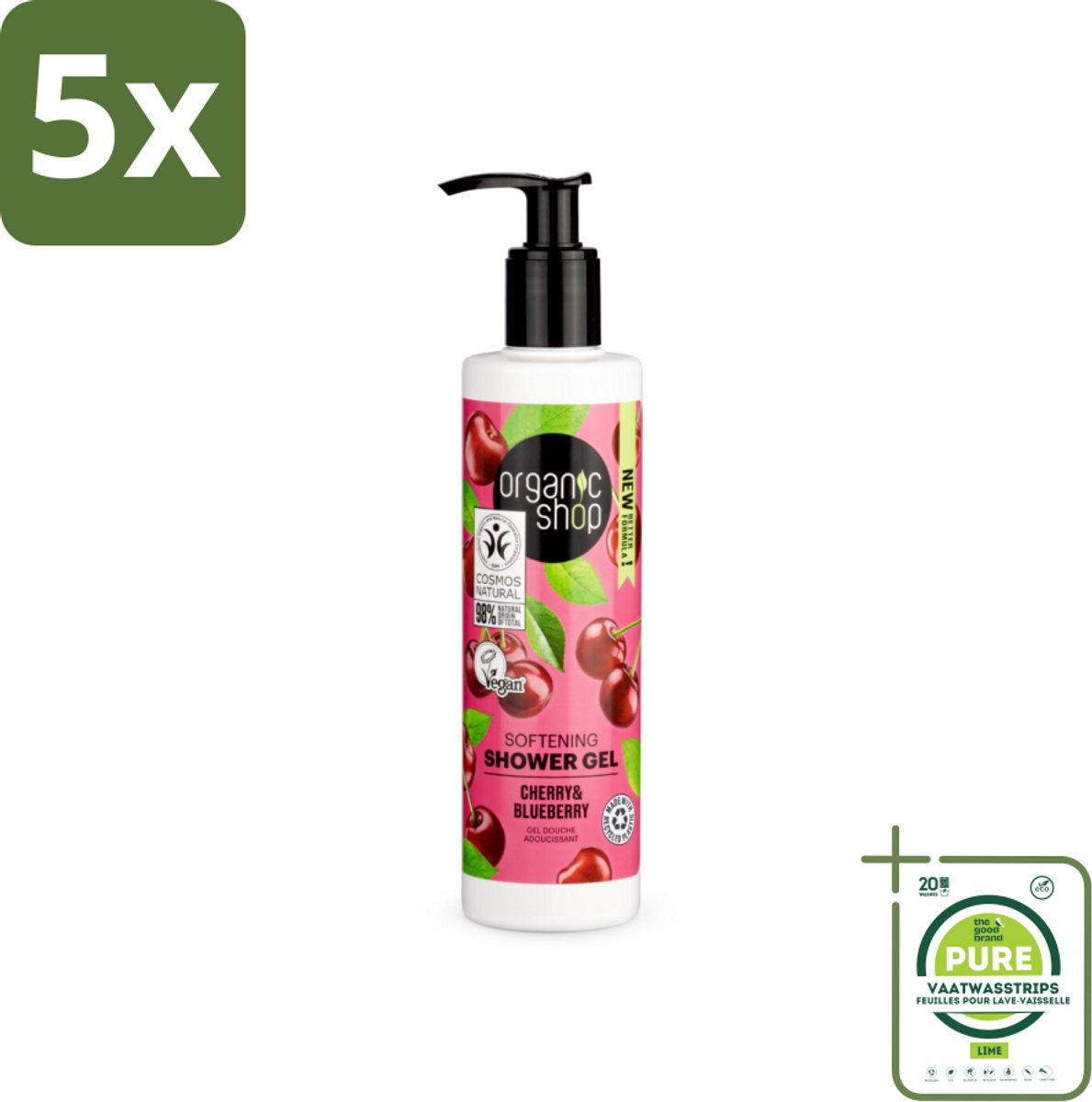 5 x Organic Shop - Douchegel Cherry & Blueberry - Verfrissend en Hydraterend - 280 ml - Grootverpakking - Biologische Douchegel - Douchegel Kers - Douchegel Bessen - Hydraterende Douchegel - Verzorging Douchegel