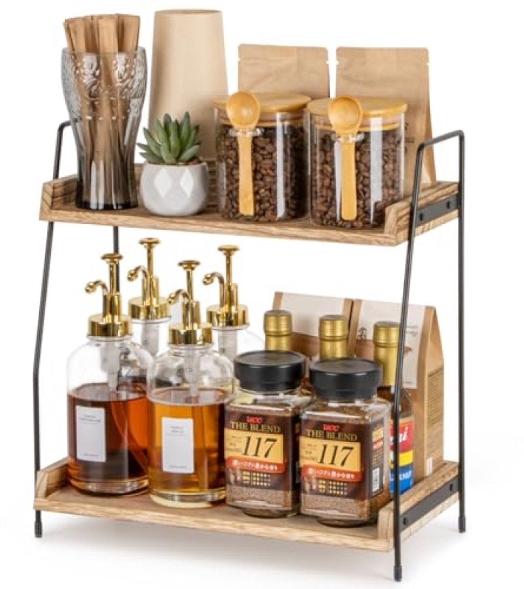 Huis Geluk Aanrecht Koffiebar Organizer, 2-Laags Houten Plank voor Koffie Accessoires, Keuken Organizer, Bruin