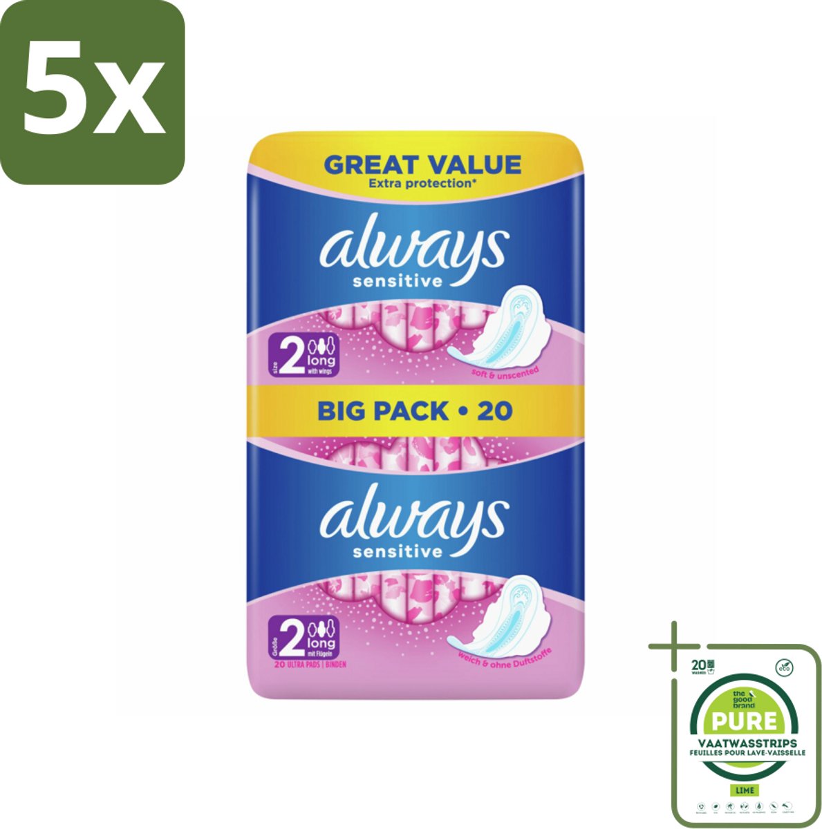 5 x Always - Maandverband - Long - Sensitive - 20 Maandverband - Grootverpakking - Maandverband - Maandverband Gevoelige Huid - Always Sensitive - Ultra Lang - Extra Bescherming
