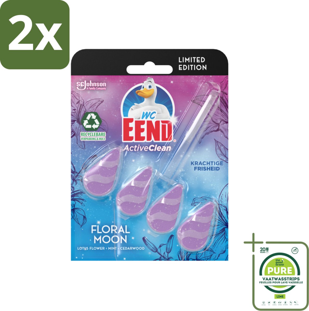 WC Eend - Active Clean Floral Moon - Toiletblok - Lotus, Munt & Cederhout Geur - 38 gr - Voordeelverpakking - 2 stuks - Toiletblok - Wc reiniging