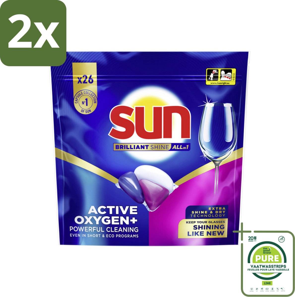 Sun - Vaatwascapsules - Brilliant Shine All-in-1 - 26 capsules - Voordeelverpakking - 2 stuks - Vaatwasmiddel - Vaatwascapsule