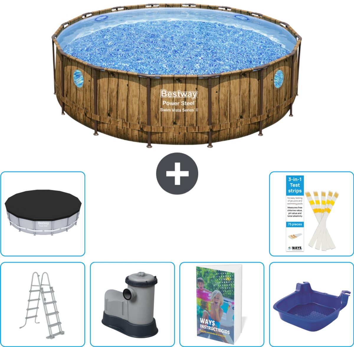 Bestway Rond Power Steel Swim Vista Zwembad - Houtprint - 488 x 122 - Inclusief Pomp - Ladder - Afdekzeil - Voetenbad - 7-delig