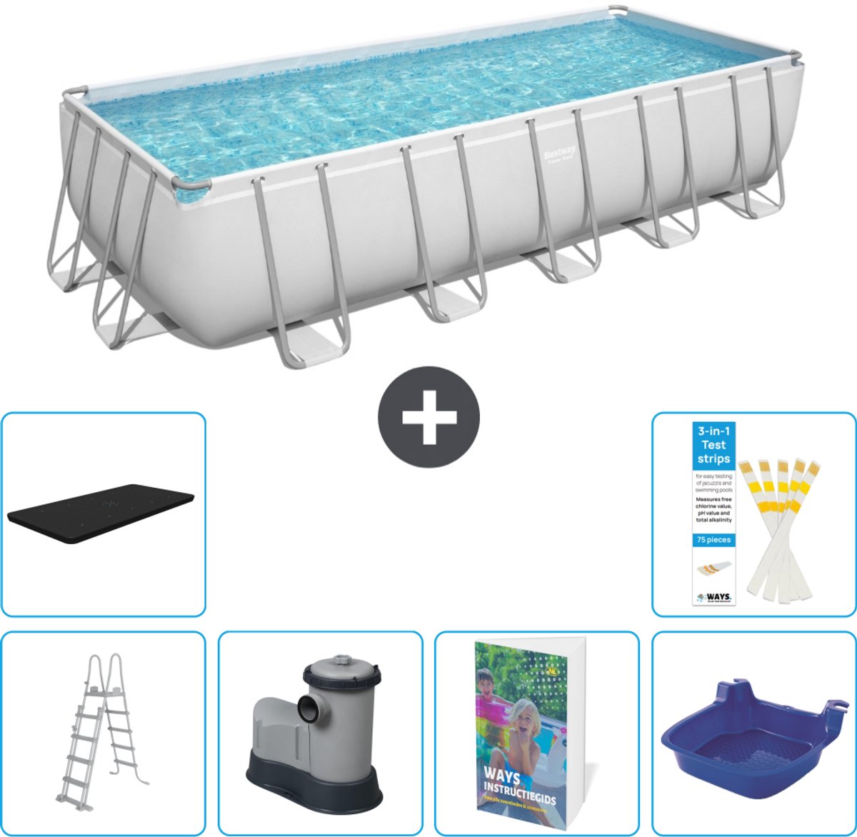 Bestway Rechthoekig Power Steel Zwembad - 640 x 274 x 132 - Grijs - Inclusief Pomp - Ladder - Afdekzeil - Voetenbad - 7-delig