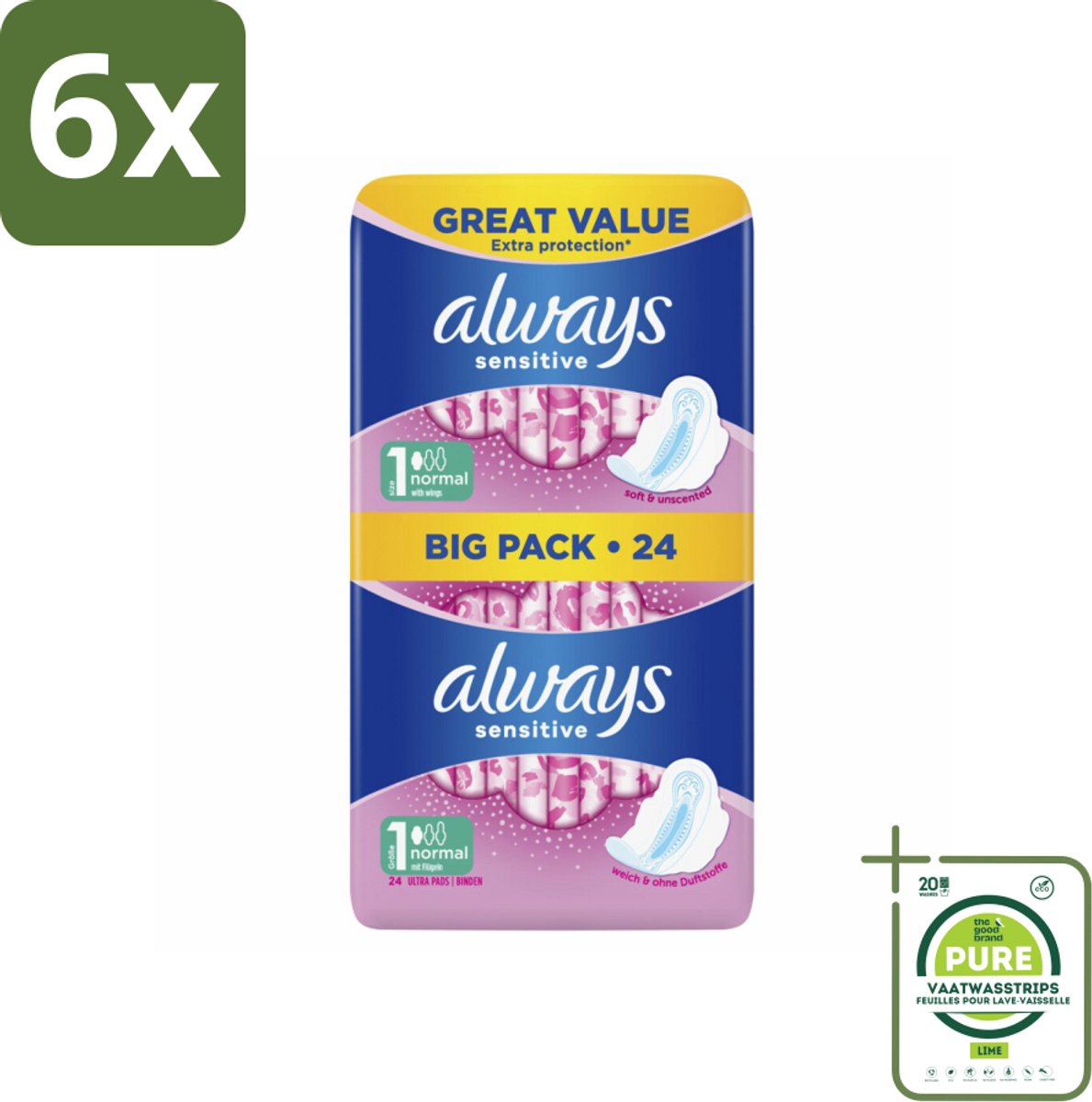Always - Maandverband - Normal - 24 Maandverband - Voordeelverpakking - 6 stuks - Maandverband - Maandverband met vleugels