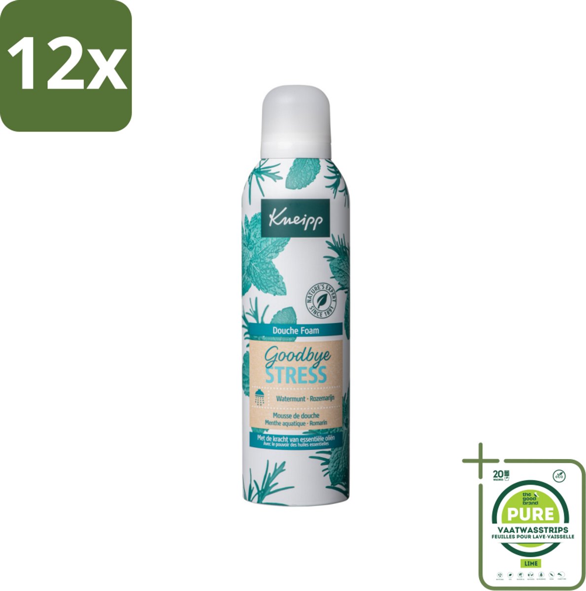 Kneipp - Douche schuim - Goodbye Stress - Watermunt & Rozemarijn - 200 ml - Voordeelverpakking - 12 stuks - Douche foam - Stress verlichten