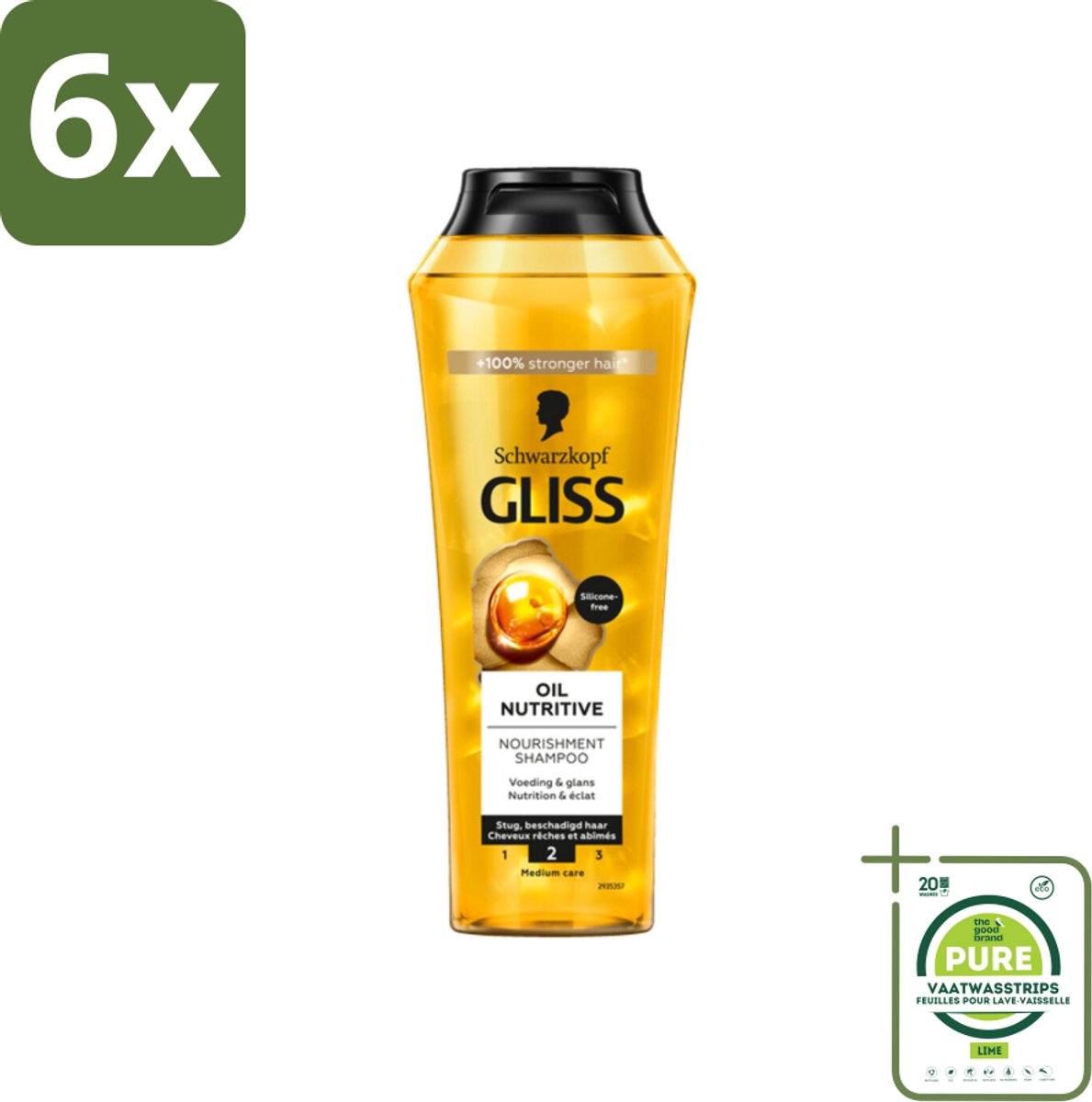 Gliss - Shampoo - Oil Nutritive - Voor Voedend en Zijdezacht Haar - 250 ml - Voordeelverpakking - 6 stuks - Glans shampoo - Voedende shampoo