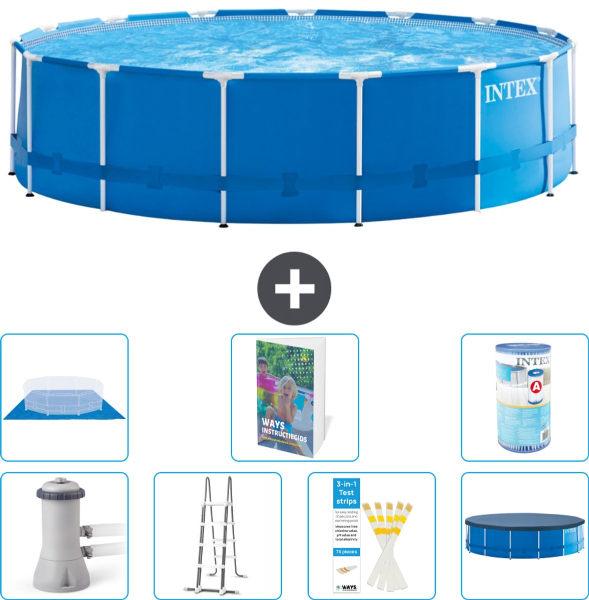 Intex Rond Frame Zwembad - 457 x 122 cm - Blauw - Inclusief Pomp - Ladder - Grondzeil - Afdekzeil - Filter - 8-delig