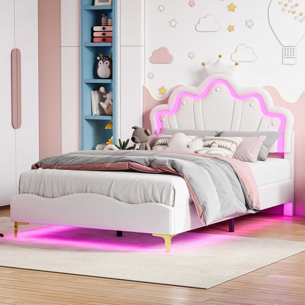 Kinderbed 140x190 cm, prinsessenbed met led verlichting aan hoofdbord en onderbed, verstelbaar kroon hoofdbord, zacht pu gestoffeerd bed wit, zonder matras
