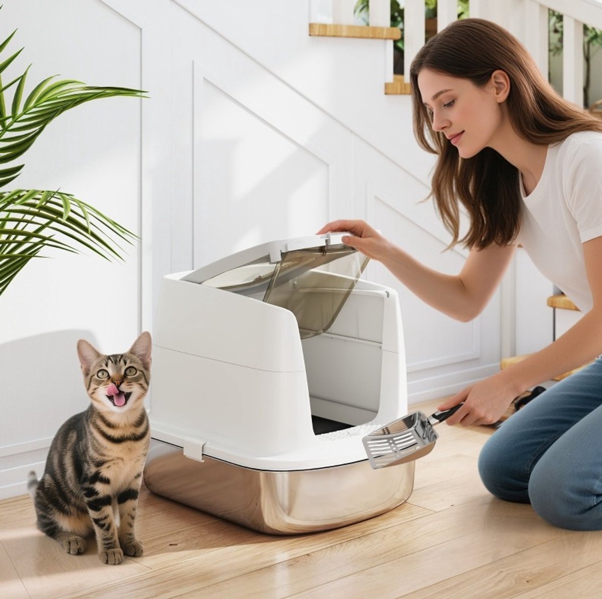 REDOM - Kattenbak van RVS met gesloten ontwerp, vooringang en bovengang, kattenbakschep en geurbag, wit, 52,4 x 41,3 x 39,8 cm