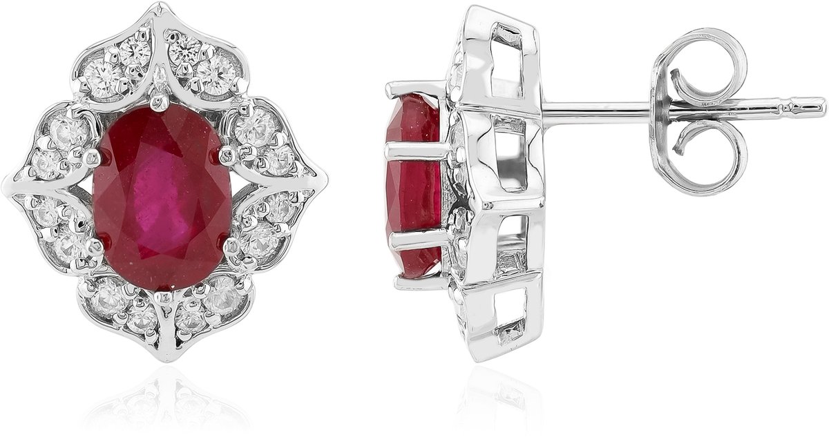 Cavill - Ovale Robijnen 2,03 ct - 925 Zilver met Platina Coating - Filigraan Bloem Design - Elegante Damesoorbellen
