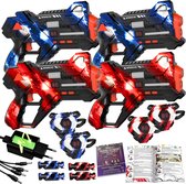 Laser tag set met 4 laserguns (2 blauw, 2 rood) en 4 vesten. Inclusief oplader en boekje.