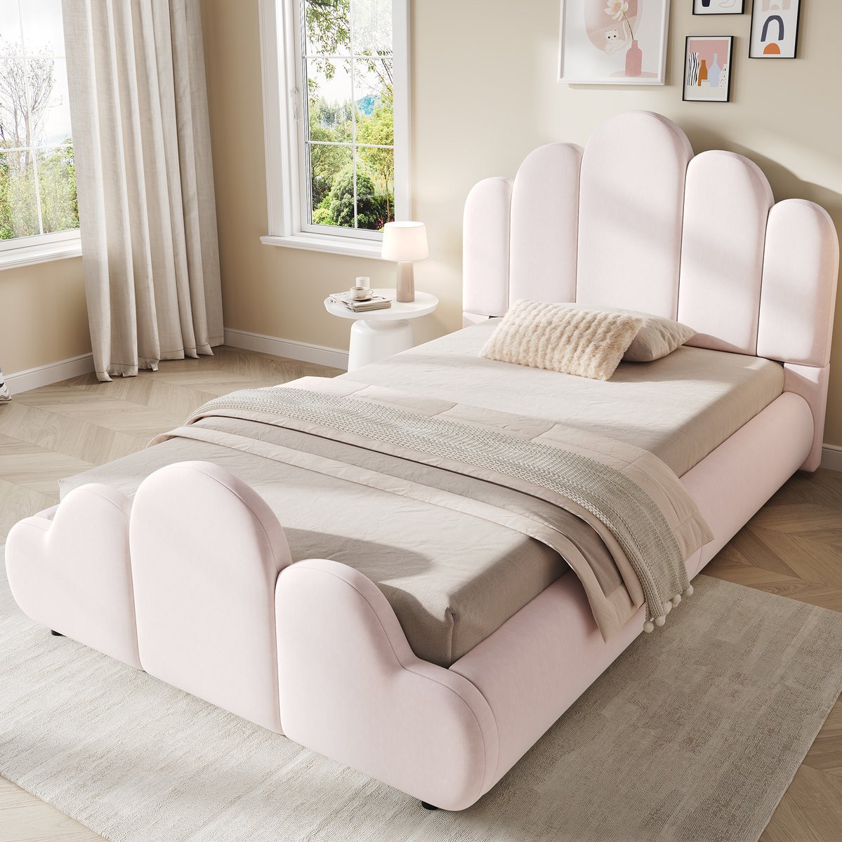 FloraGrace Bed 90 x 200 cm - Eenpersoons Kinderbed - Met Geintegreerde Lattenbodem en Afgeronde Hoeken - Zonder Matras - Kinderkamer - Fluweel - Roze