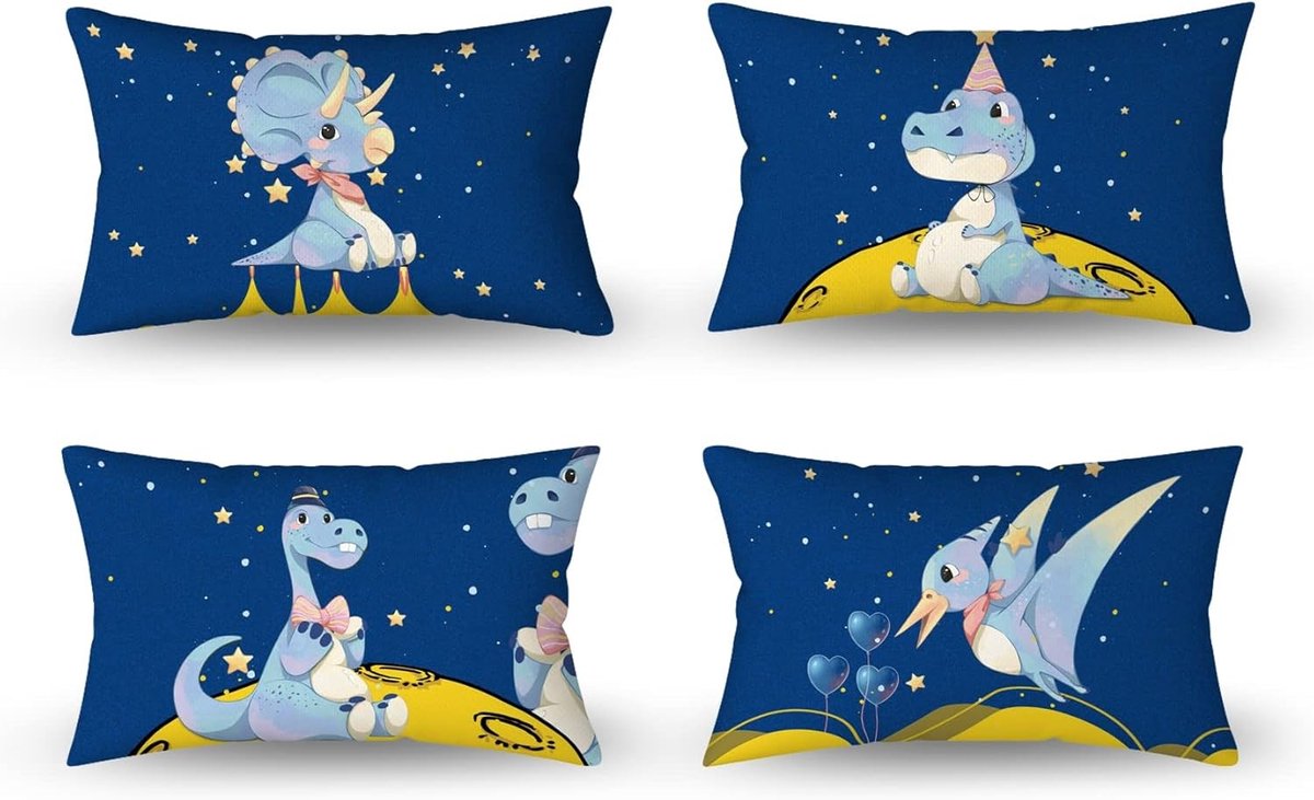 Schattige Cartoon Dier Kussenhoezen 30 x 50 cm Donkerblauwe Sterrenhemel Dinosaur Planet Decoratieve Kussens voor Kinderen en Baby's, Set van 4