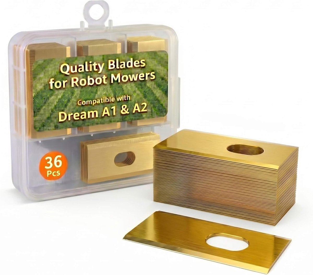 SnelShoppen - 36 Vervangende Mesjes Geschikt voor Robotmaaiers Dreame A1/A2/A1 Pro/A1 Ultra/M1/M2, 0.9mm Titanium Coating RVS Mesjes met Opbergdoos