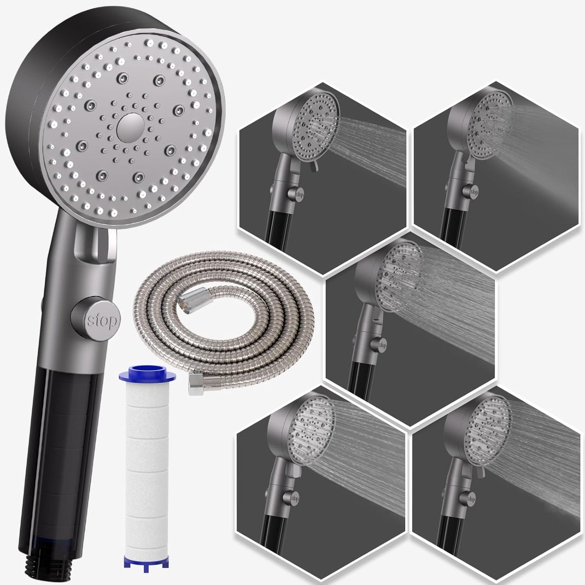 SnelShoppen - Handdouche met Filterelement, 5 Waterstanden, Waterstopknop met Slang, Zwart, Ideaal voor Douche, Badkamer, Luxe Verwenning
