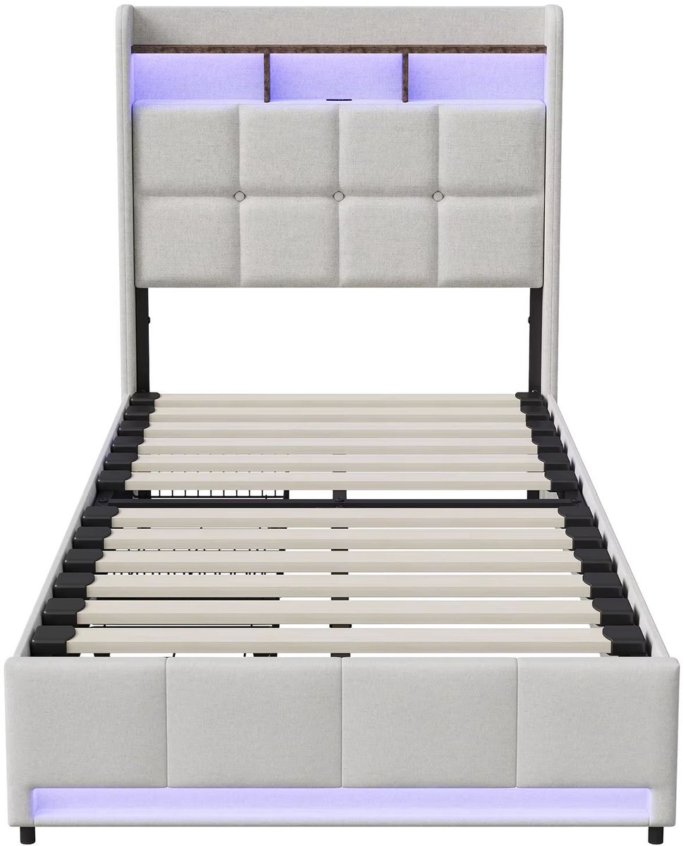 Kinderbed 90x200 cm Beige - met Opbergruimte, LED, Oplaadstation