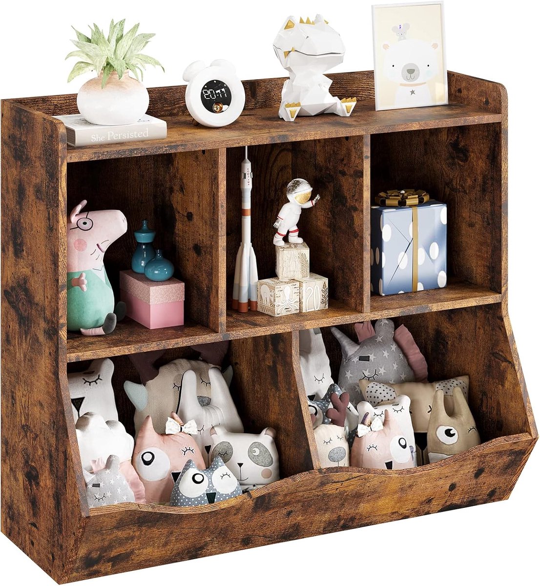 Kinderboekenkast en Speelgoedopberger - bruin Speelgoedkast met 5 Vakken - Kinderkast voor Boeken en Speelgoed - Montessori Kweekkast - Inclusief Anti-omvalbeveiliging - 90x30x75 cm